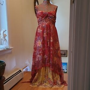 Free People Red and Yellow Floral High Low Layered Maxi Dress - Size M/L
